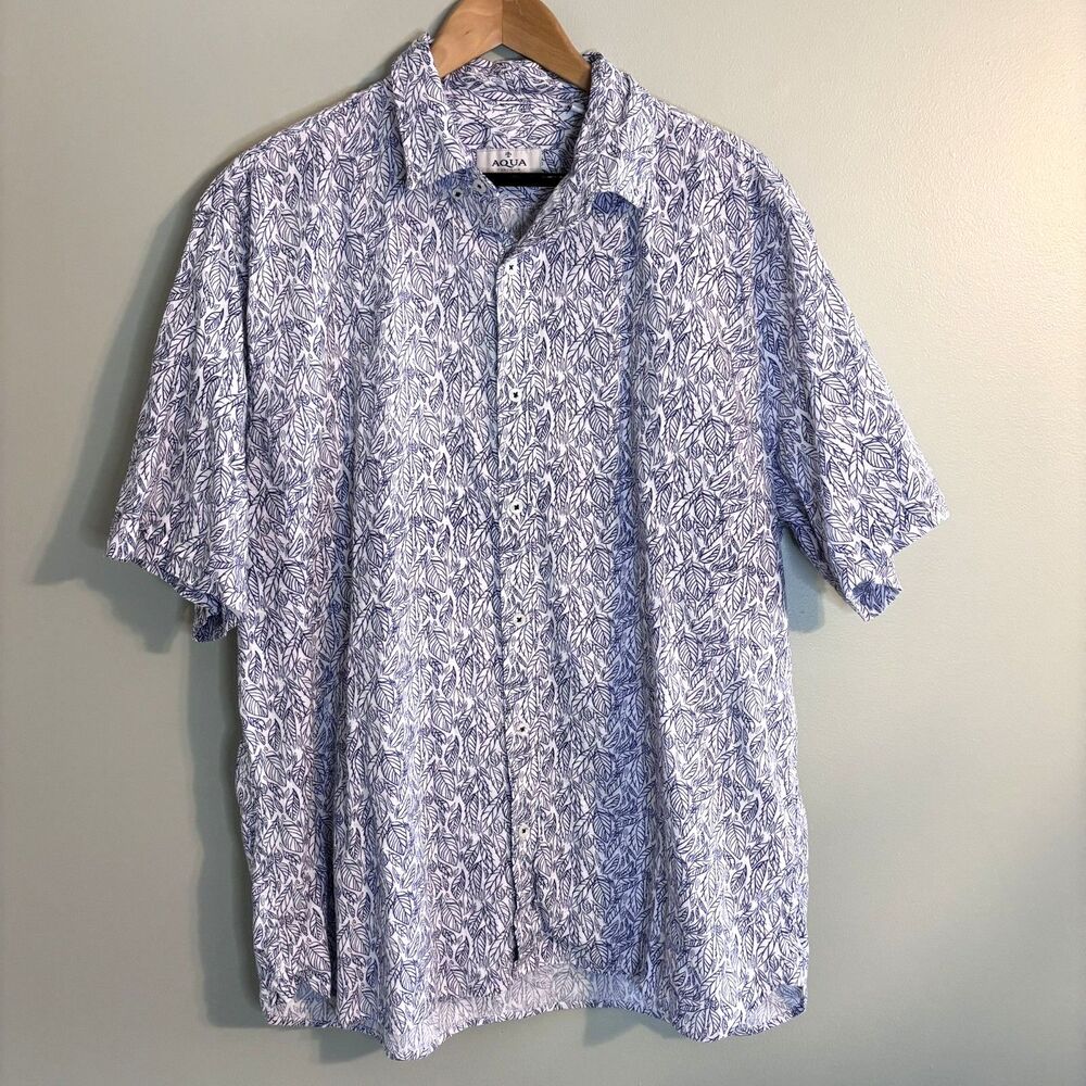 AQUA TOSCANO Linen Cotton Shirt Leaf Short Sleeve Breathable Resort Vacation XXL